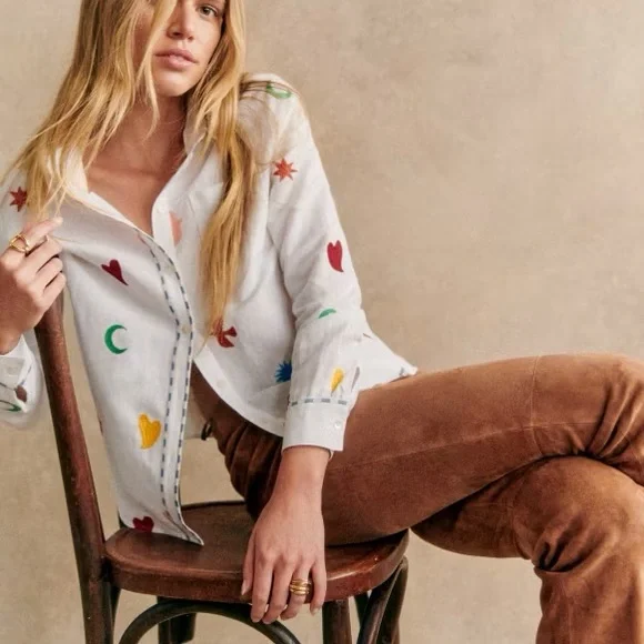 TOMBOY SHIRT SEZANE PANGEA BLOUSE BUTTON UP TOP WHITE NWT SIZE 36 Embroidery - Picture 2 of 10